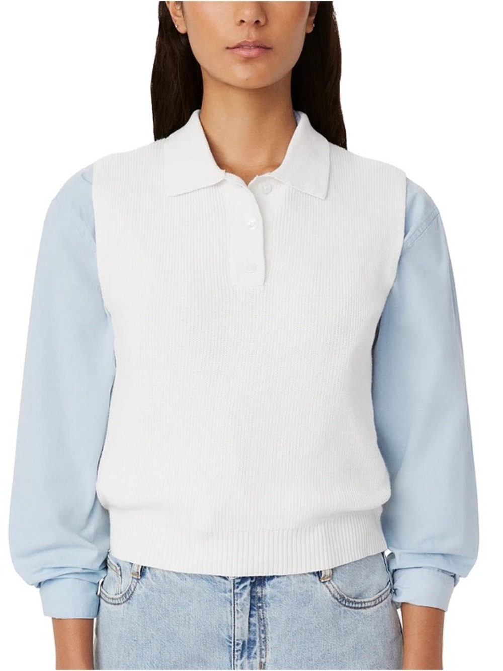 Frank & Oak White Knit V-Neck Polo Sweater with Light Blue Sleeves